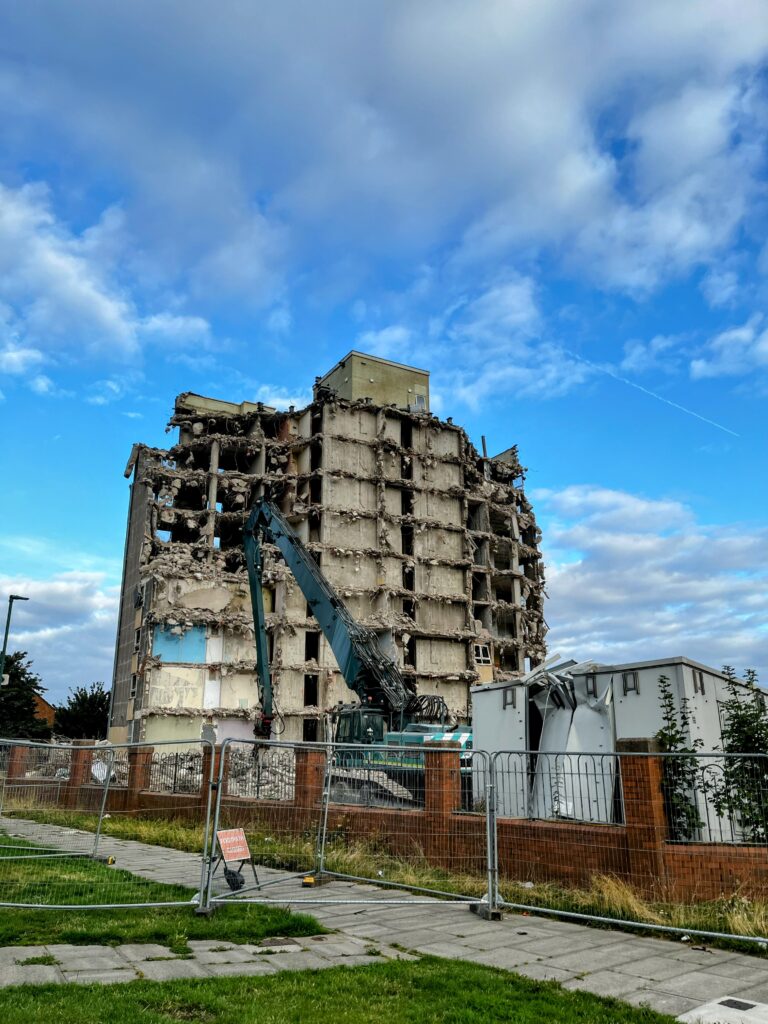 Half demoltished hi-rise building